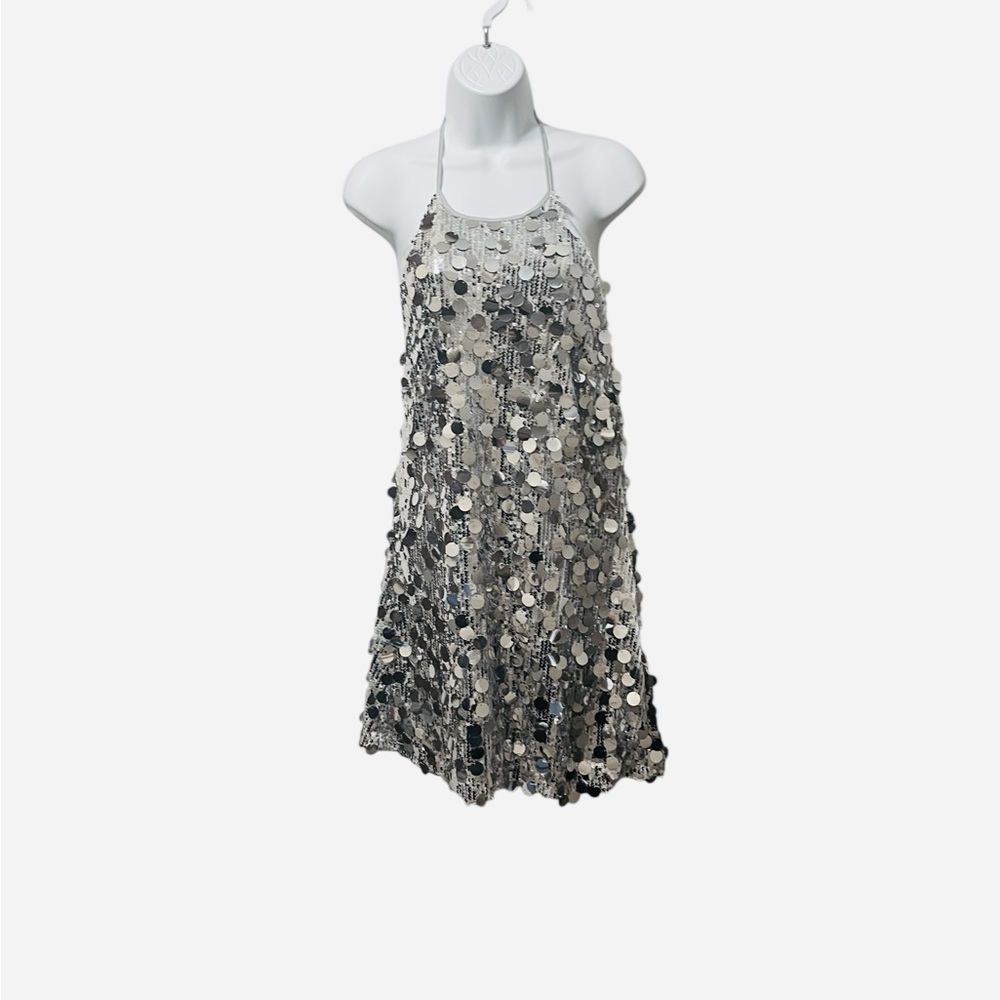 Know One Cares Silver Sequin Halter Cocktail Social Halter Mini Dress Large NWT - Picture 8 of 11